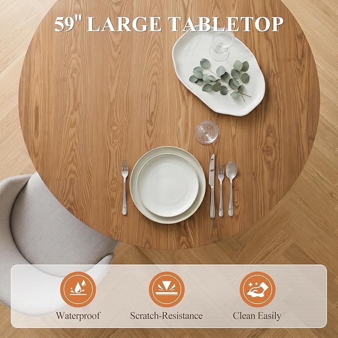 BESTANO 59" Round Dining Table for 4-6 People, Kitchen Dining Room Table with Wooden Pedestal Base, Circle Dinner Pedestal Dining Table for Dining Room (Table Only), Brown