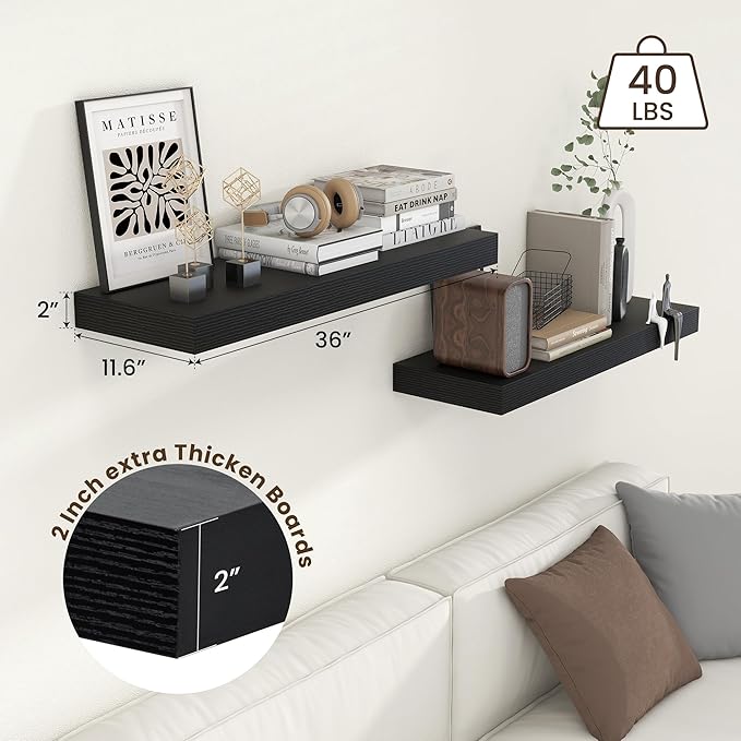 Deep Floating Shelves | 36 Inch Black Floating Shelves Set of 2 | 12 Inch Deep Rustic Wood Shelves for Wall | 36" W x 12" D Black Shelves for Living Room Bathroom Laundry Room Kitchen