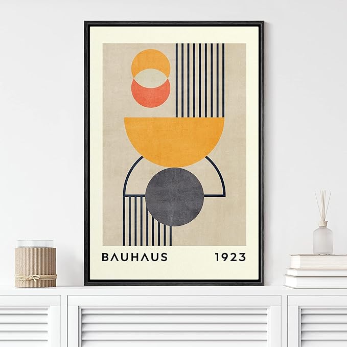 MUDECOR Framed Canvas Print Wall Art Bauhaus Orange Geometric Polygon Landscape Abstract Shapes Illustrations Mid-Century Modern Multicolor for Living Room, Bedroom, Office - 24"x36" Black