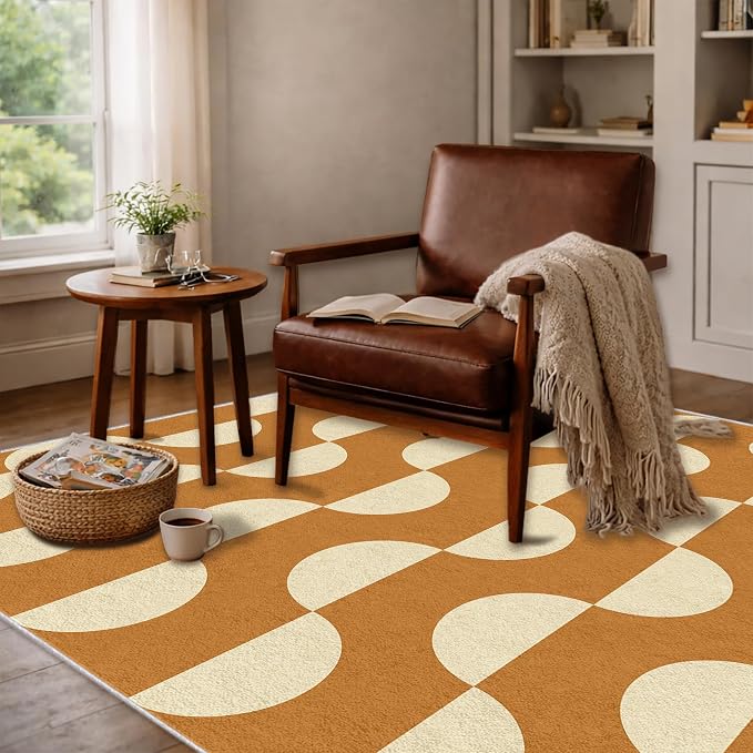 Caramel Dot Wave Area Rug 4 x 5 ft, Mid-Century Modern Geometric Rug, Brown Cream Abstract Washable Rug, Soft Low Pile Non-Slip Carpet for Living Room Bedroom Dining Room