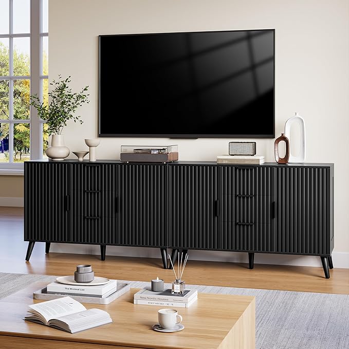 47.2" Fluted Sideboard Buffet Cabinet with 3 Drawers, Black Modern Buffet Cabinet with Storage, Large Storage Cabinets with 2 Doors Accent Credenza for Kitchen, Living Room, Entryway