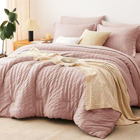 CozyLux Queen Comforter Set Rose Gold, 7 Pieces Seersucker Textured Luxury Bed in a Bag Queen, Dusty Pink All Season Bedding Set with Down Alternative Comforter, Sheets, Pillowcases & Shams, Home Gift