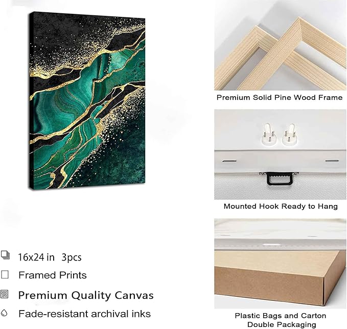 WSTUKVV 3Pcs Green and Gold Wall Art Abstrct Gold Foil Lines Posters Pictures Marble Texture Canvas Prints Dark Green Paintings for Nordic Living Room Bedroom Office Home Wall Decor Ready to Hang