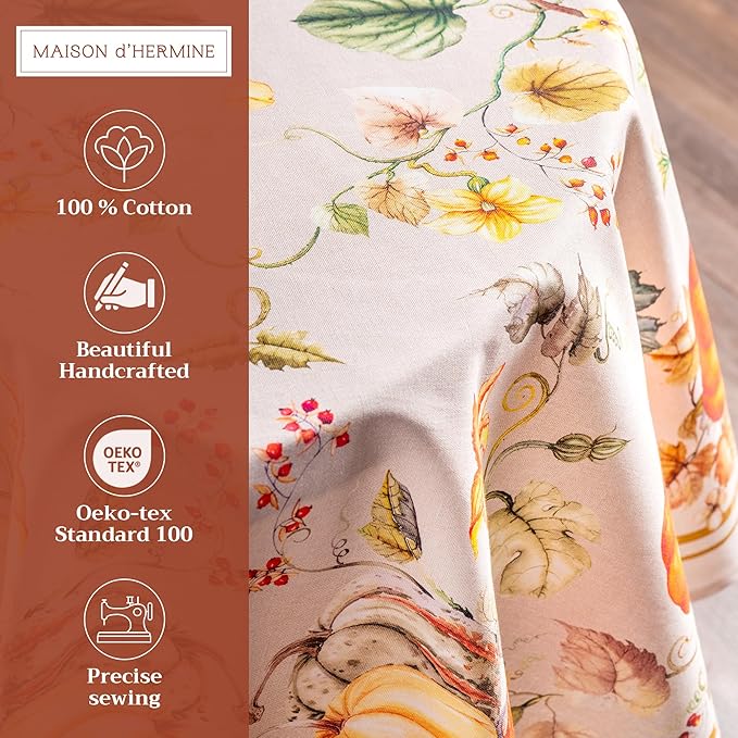Maison d' Hermine Table Cloth Round Table 100% Cotton 63 Inches Fall Tablecloth Reusable Everyday Use for Thanksgiving Christmas Decorations Dining Farmhouse Party (Potiron)
