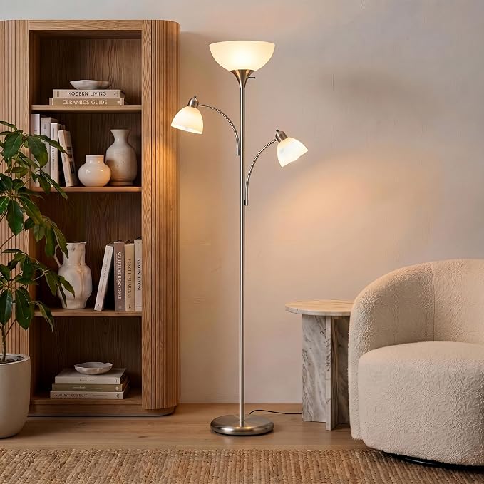 Brightech Sky Dome Double LED Floor lamp, Torchiere Super Bright Floor Lamp with 2 Reading Lamps for Living Rooms & Offices - Dimmable Tall Standing Lamp for Bedroom Reading - Tall Silver Pole