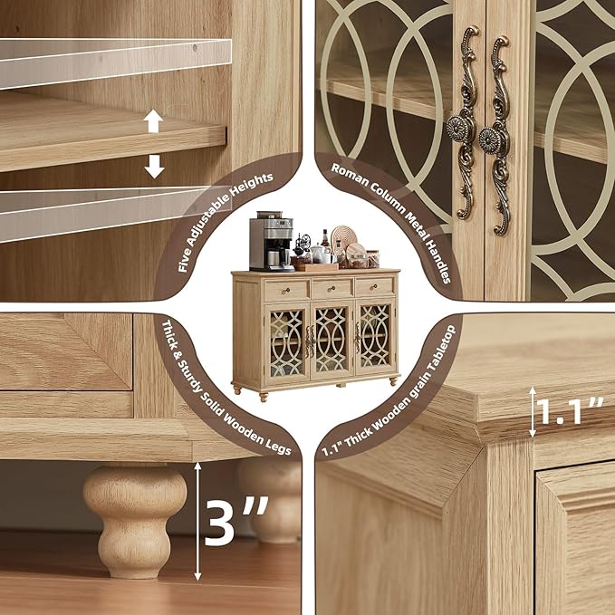 Farmhouse Sideboard Buffet Cabinet with Storage,48" Large Credenza with 3 Glass Doors & 3 Drawers,Adjustable Shelves Console Table,Wood Kitchen Coffee Bar for Dining Room,Living Room,Natural