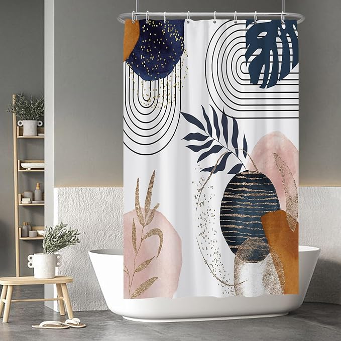 Baocicco Boho Shower Curtain Mid Century Navy Blue Gold Plant Leaves Modern Abstract Minimalist Shower Curtains Decorative for Bathroom Waterproof Fabric Shower Curtain with Hooks 48x72 Inches