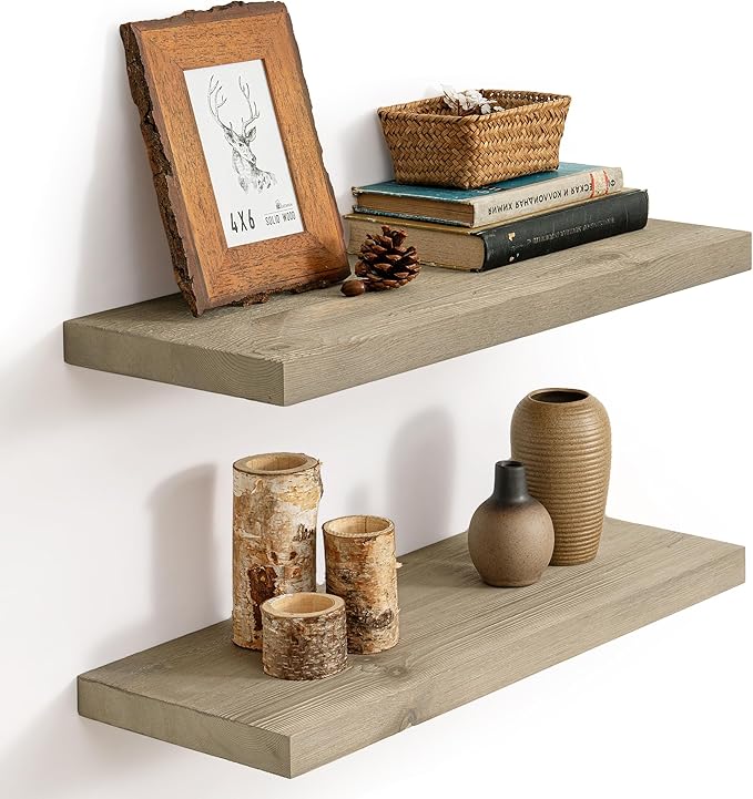 Marsmiles Floating Shelves | 24 Inch Grey Wood Wall Shelves Set of 2 | 9.3 Inch Deep Rustic Reclaimed Wood Shelves for Room Wall | Farmhouse Floating Shelves for Living Room Bathroom