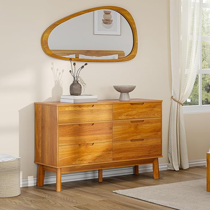 47" Wide Wooden Dresser for Bedroom, Mid-Century Modern 6 Drawer Double Dresser with Walnut Wood Grain, Large Horizontal Storage Chest for Living Room, Anti-Tip Kit, Caramel