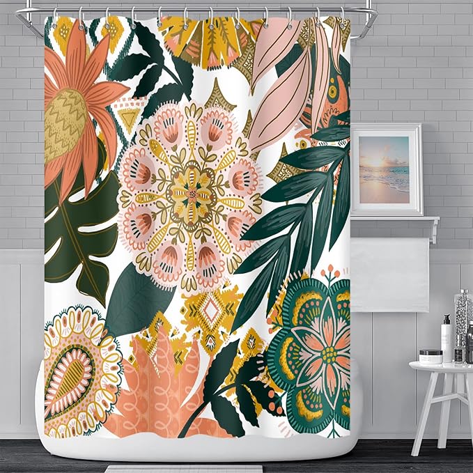 Bohemian Floral Bathroom Shower Curtain Boho Abstract Tropical Leaves Flowers with Hooks Polyester Waterproof Fabric Paisley Unique Trendy Woman Decor, 48x72 Inch