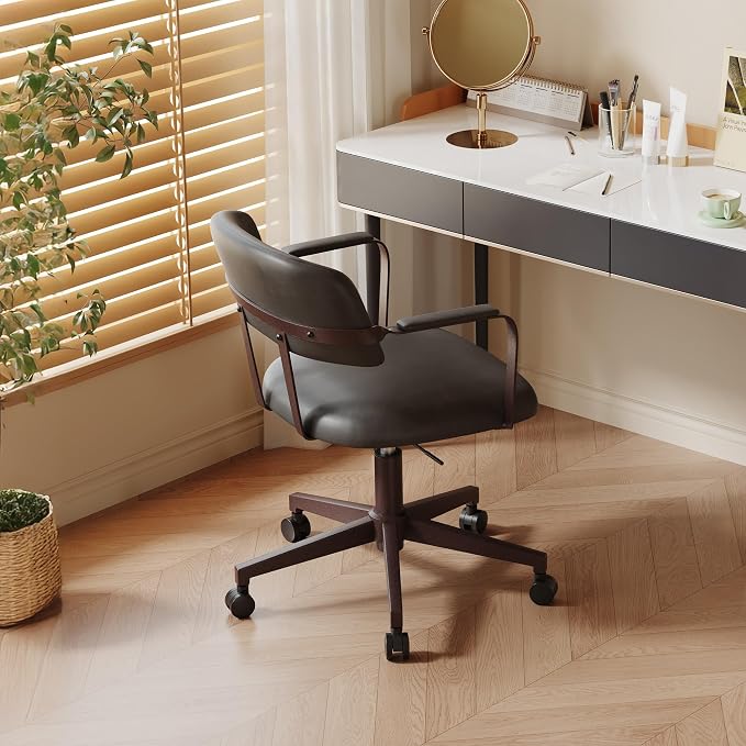 Home Office Desk Chair, Mid-Century Modern Desk Chair with Padded Arms, Adjustable Seat Height, Mid Back 360° Small Computer Chair with Mobile Mute Wheel, PU Leather (Dark Grey,2BOX)