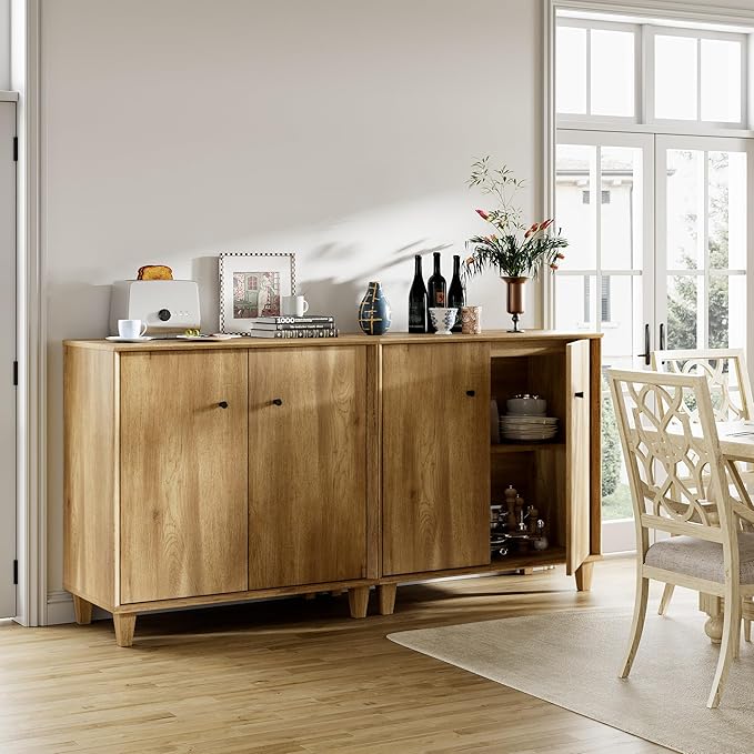 Sideboards Buffet Cabinet 2 in 1 Wide Credenza Buffet Table with Adjustable Shelf, Modern Kitchen Accent Cabinet with Storage Compartments for Dining Room Living Room, Hallway, Oak Brown