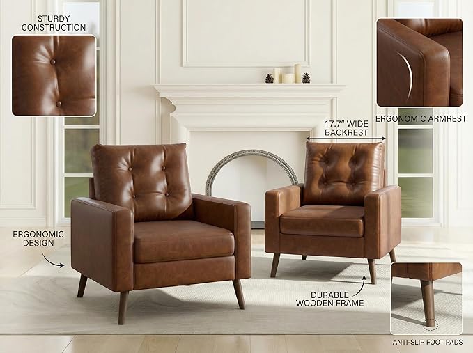 Wahson Accent Chairs Set of 2, Faux Leather Tufted Single Sofa, Brown Oversized Club Chair, Mid Century Modern Armchair with Wood Legs for Reading/Living Room/Bedroom