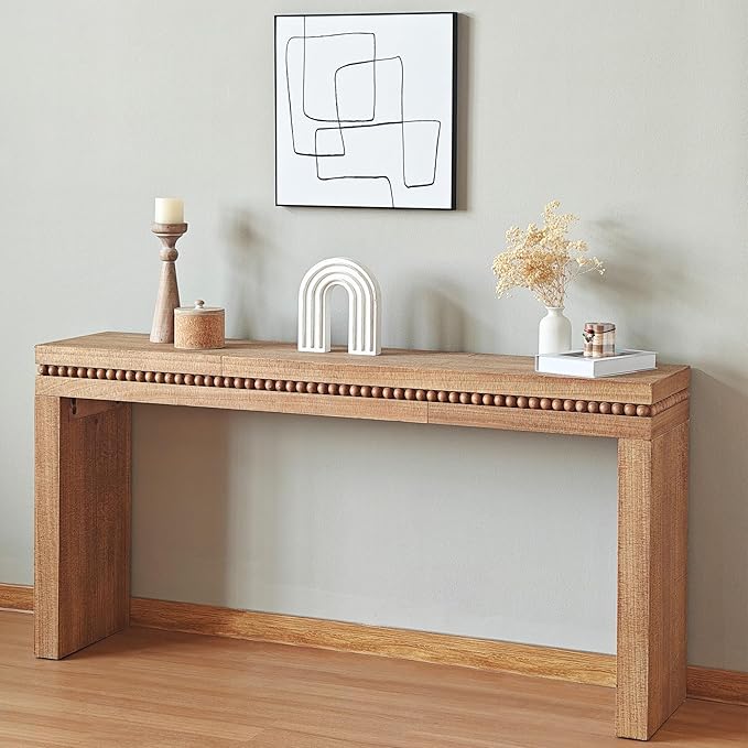 Wood Console Table, 64" Retro Long Sofa Table Behind Couch with Real Wood Beads Decor, Wooden Narrow Sofa Table Hall Table for Living Room Foyer Entrance Entryway, Natural