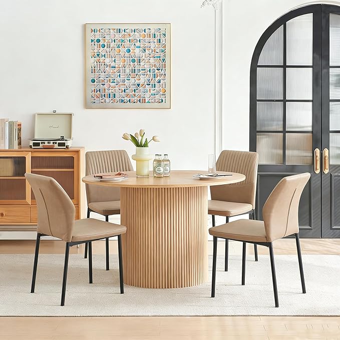Dining Table Set for 4, 47" Wooden Round Kitchen Table with PU Leather Chairs for Kitchen Room and Small Spaces(Oak Table + 4 Beige Chairs)