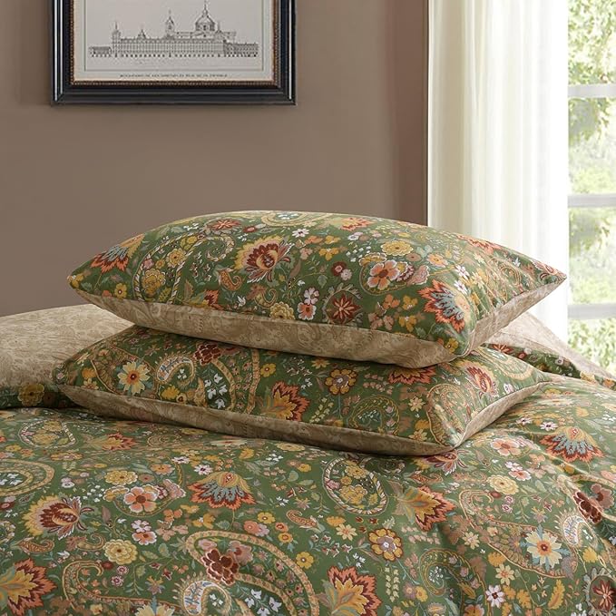 Cozeline 100% Cotton Duvet Cover King Size, Green Paisley Pattern Bedding Set with Zipper Closure, 3 Pcs Bohemian Breathable and Soft Duvet Cover for All Season