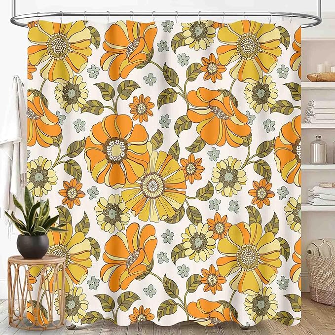 Daisy Floral Shower Curtain, Retro 70s Vintage Orange Yellow Flower Groovy Cute Spring Aesthetic Boho Funky Trippy Waterproof Fabric Bath Shower Curtain Set with Hooks, 72"x72" Inch