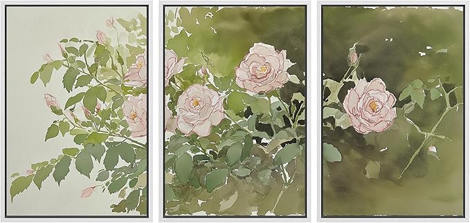 wall26 Framed Print Wall Art Set Blush Pink Rose Garden Botanical Decorative Minimal Relax/Zen for Living Room, Bedroom, Office - 24"x36"x3 White