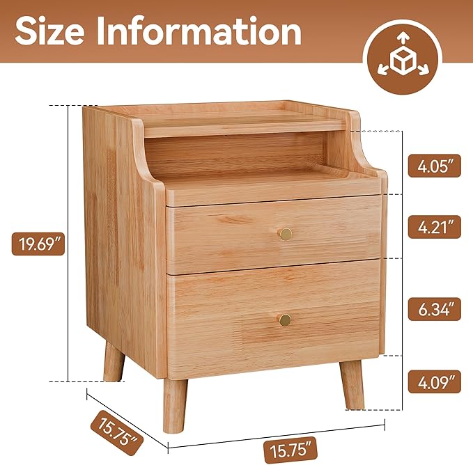 Nightstand with Drawers, Pre-Assembled, 19.7" H Natural Solid Wood Night Stand with Open Sliding Shelf, Mid Century Modern Small Bedside Table Cabinet for Bedroom, End Side Table, Natural Oak