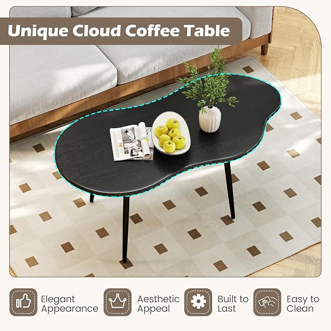 Giantex Small Coffee Table, 39.5" Cloud Center Table with Metal Frame, Unique Irregular Accent Cocktail Tea Table, Modern Wood Coffee Table for Living Room, Small Spaces (Black)