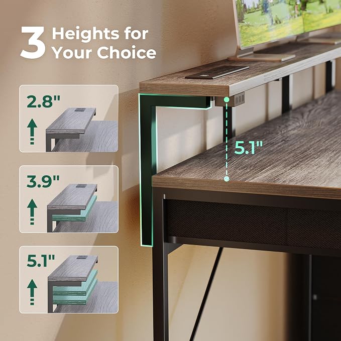 Huuger Gaming Desk with 6 Drawers, Computer Desk with LED Lights Power Outlets and Type-C, 39 Inch Office Desk with Storage, Monitor Stand, Writing Desk Work Desk for Home Office, Bedroom, Study, Grey