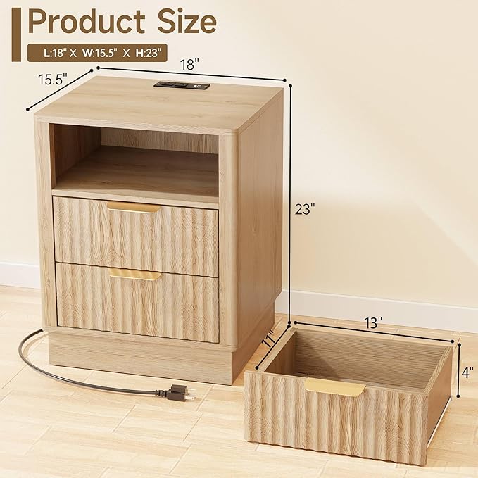 Nightstand with Charging Station Set of 2, Fluted Bedside Table with 2 Storage Drawer and Open Wood Shelf, Night Stand with Solid Wood Base for Bedroom, Side Table, End Table, Oak