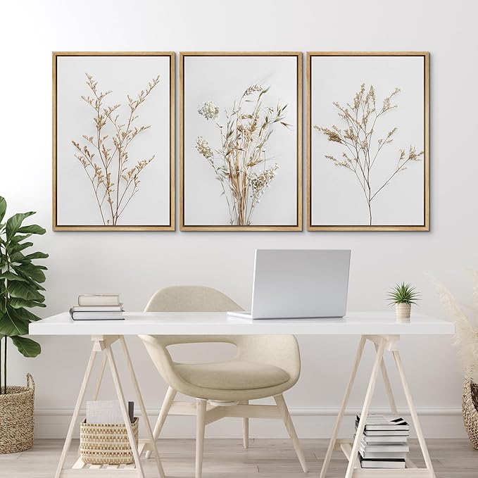 MUDECOR Framed Canvas Print Wall Art Wildflower Floral Botanical Prints Minimalist Wall Art Modern Farmhouse for Bedroom - 24"x36"x3 Natural