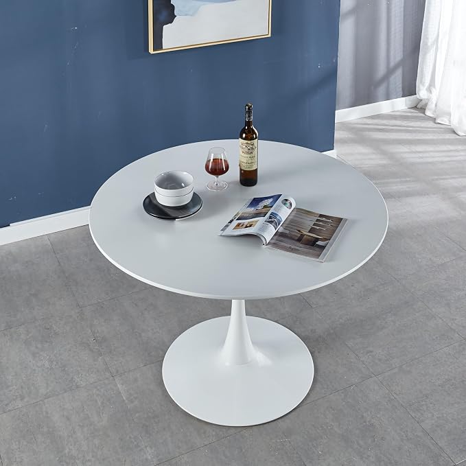 White Round Dining Table for 6, Modern 42" Kitchen Tulip Table with Thickened Tabletop, Sturdy Pedestal Base Tulip Shape Table for Small Places, Living Room, Office, Cafe