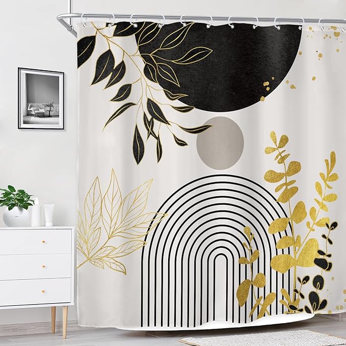 Riyidecor Black Gold Mid Century Modern Shower Curtain for Bathroom Decor 72Wx72H Boho Abstract Gold Leaves Minimalist Geometric Arch Sun Art Printed Fabric Polyester Waterproof 12 Pack Plastic Hooks