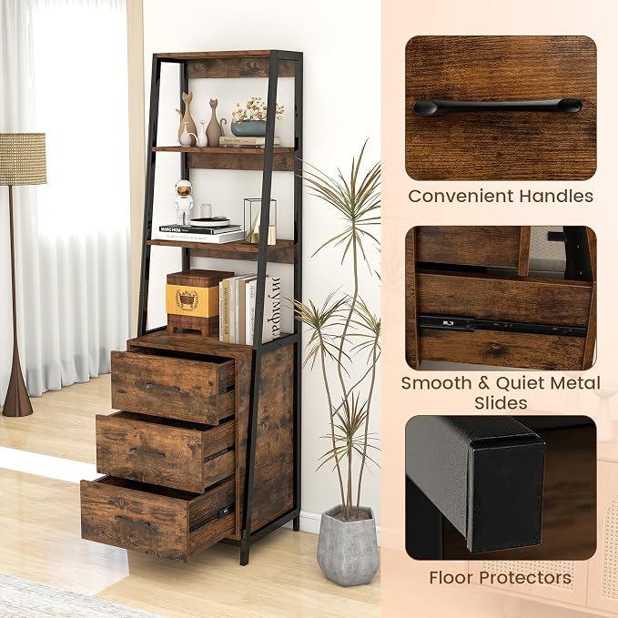 Giantex Ladder Bookshelf with Drawers, 69" Tall Wooden Bookcase with 4 Shelves, Modern Book Shelf Storage Organizer Unit, Freestanding Display Shelving Rack for Living Room, Bedroom (Rustic Brown)