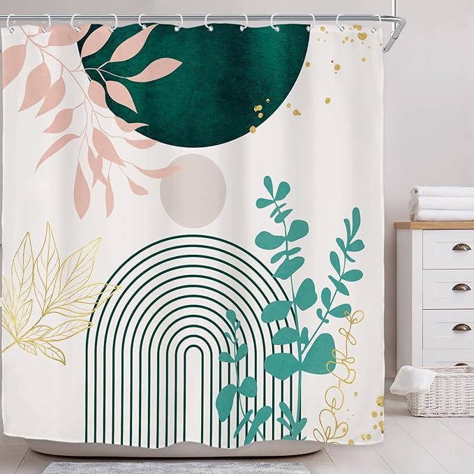Riyidecor Sage Green Pink Boho Shower Curtain for Bathroom Decor 72Wx72H Mid Century Modern Leaves Contemporary Bohemian Arch Art Printed Fabric Polyester Waterproof 12 Pack Plastic Hook