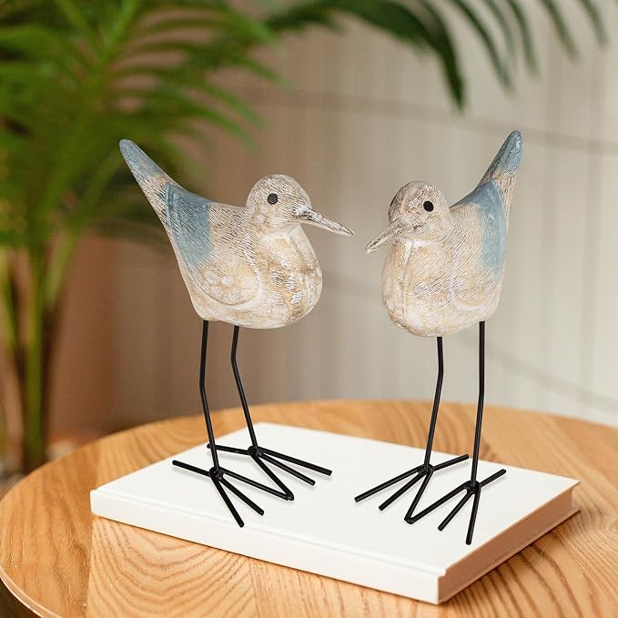 Seagull Statues Coastal Beach Nautical Decor, Wood Sea Bird Sculpture Ornament for Home Room Table Decor (2pcs)