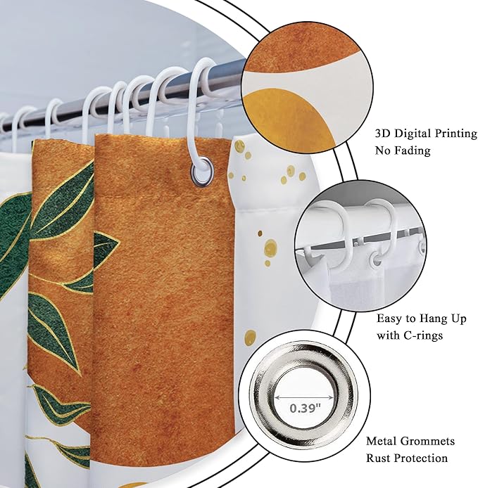 Riyidecor Orange Boho Mid Century Modern Shower Curtain for Bathroom Decor 72Wx72H Abstract Gold Leaves Minimalist Geometric Arch Sun Art Printed Fabric Polyester Waterproof 12 Pack Plastic Hooks