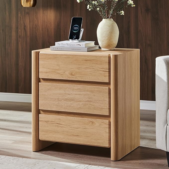 25" Tall Modern Nightstand with Charging Station, 23.6" W Nightstand with 3 Storage Drawers & Open Shelf, Wood Night Stand w/Rounded Corner Design for Bedroom, Living Room (Natural)