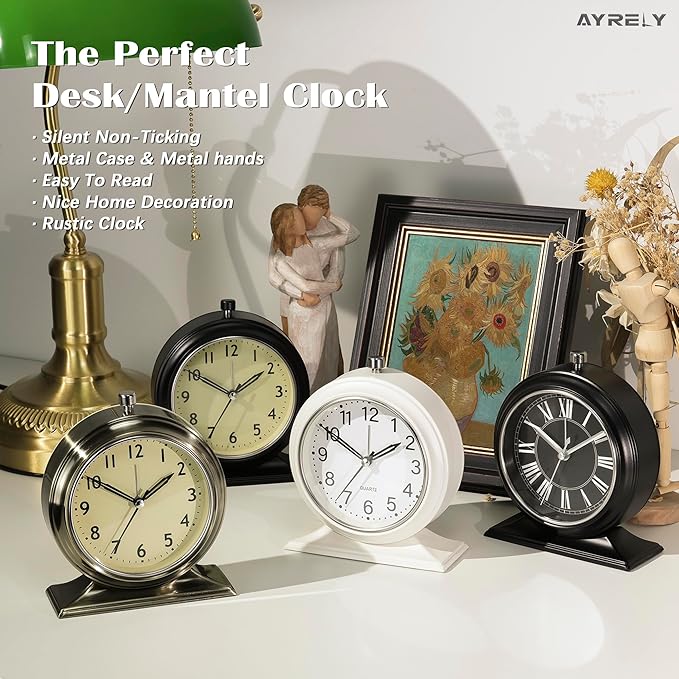 AYRELY® 4-inch Battery Operated Alarm Clock Silent Analog Desk Clocks with Light Vintage Metal Table Clock for Living Room Shelf Bedside Home Decor (Black)