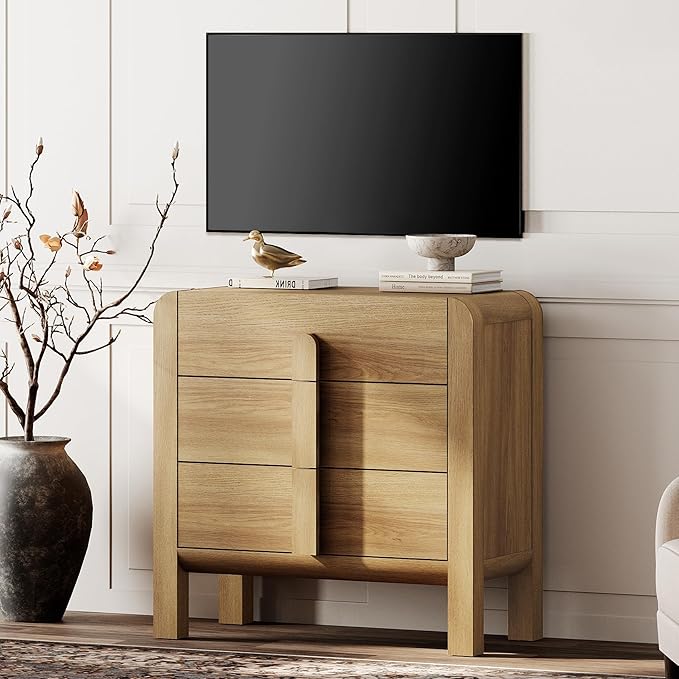 WAMPAT Sideboard Buffet Cabinet with Storage with 3 Drawers,Modern French 31.5" W Buffet Cabinet with Storage,Wood Coffee Bar Cabinets with Curved Edge Design for Kitchen Living Room, Walnut
