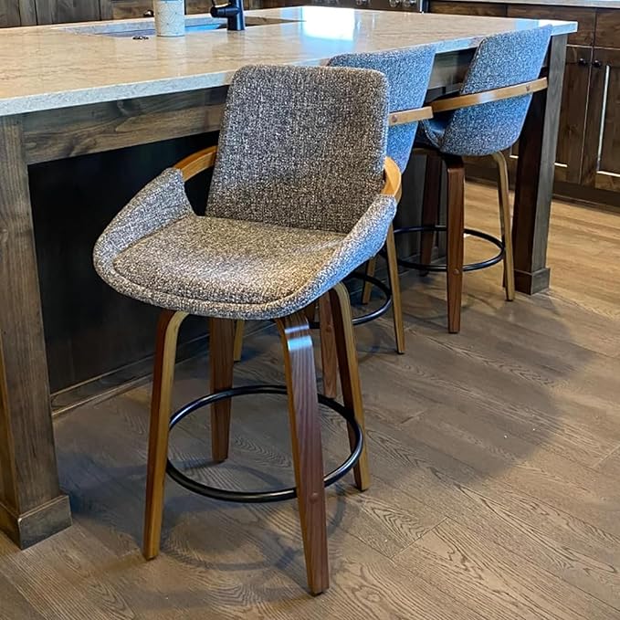 LUNLING 25.6" Counter Height Barstools Mid Century Modern Retro Bar Chairs Charcoal Grey Linen Look Fabric Upholstered and Walnut Wood Frame for Home Bar Furniture(Grey,1PCS)