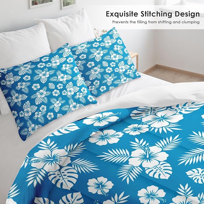 Pamnest Comforter Set Queen Size, Blue Hawaiian Flower Soft 3 Pcs Bedding for Kids and Adults, Hibiscus Beach Surf Comforter Set with 2 Pillowcases for Bedroom Bed Decor