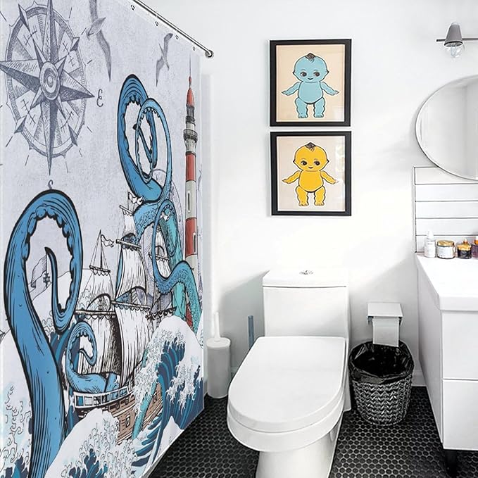 Nautical Octopus Shower Curtain,Navy Blue Funny Ocean Kraken Shower Curtains for Bathroom Anchor Coastal Map Waterproof Fabric Bath Curtain Decor with Hooks,72x72Inch