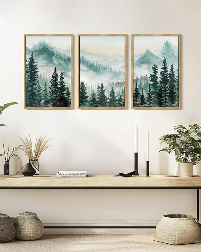 KUVIOKE Fog Pine Tree Mountain Landscape Framed Wall Art Watercolor Nature Misty Forest Painting Vintage Farmhouse Rustic Wall Decor for Bedroom Hallway 16x24in (Natural Framed)