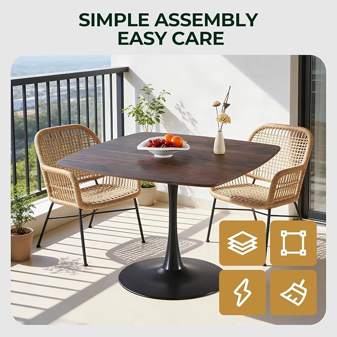 41.12" Walnut Tulip Table, Square Dining Table for 6, Mid Century Modern Bistro Table with Tulip Shape & Metal Pedestal Base