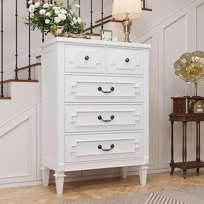5 Drawer Dresser for Bedroom, 44" Tall Dresser & Chest of Drawers wtih Vintage Surface, Closet Storage Cabinet for Living Room, Hallway, White