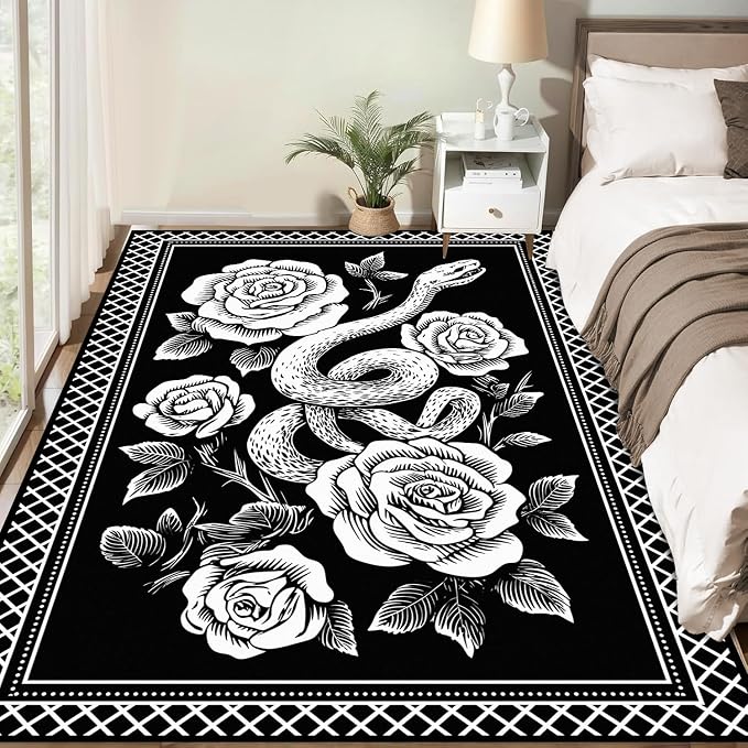 2'x3' Gothic Snake and Rose Area Rug Black and White Floral Vine Floor Mat Retro Boho Carpet Washable Low Pile Indoor Rugs for Entryway Bedroom Living Room Kitchen Home Decor