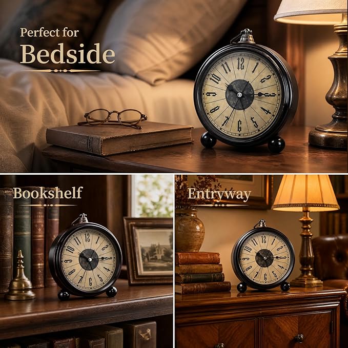Metal Analog Alarm Clock - 5'' Battery Operated Silent Non-Ticking Quartz Antique Retro Small Desk Clocks for Bedside Bedrooms Living Room Office Home Decor (Black)