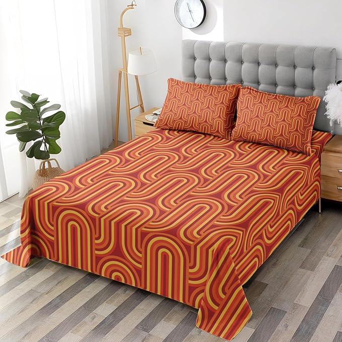 Pamnest Full Size Bed Sheet Sets, 70S Vintage Geometric Soft Microfiber 4 Pcs Bedding Sets for Kids and Adults Bedroom Bed Decor, Mid Century Yellow Flat, Fitted Sheet and 2 Pillowcases