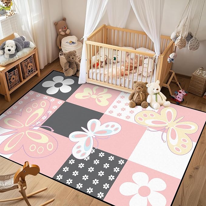 3'x5' Butterfly Area Rug Pink Butterfly Checkered Rugs for Entryway Bedroom Living Room Kitchen Home Decor Cute Flower Carpet Washable Non Slip Floor Mat