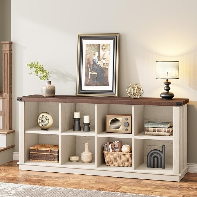 GarveeHome 8 Cube Storage Organizer Bookshelf, Farmhouse Horizontal Bookcase, 62 in Wood Storage Bookcase for Entryway, Long Low Bookshelves for Living Room (Brown and White Contrast, 8 Cube)