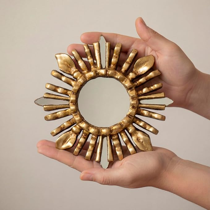 Small Peruvian Sunburst Mirror 6" | Hand-Carved Mohena Wood & Bronze Leaf | Vintage Gold Accent Wall Decor for Boho & Home Entryway (Gold)