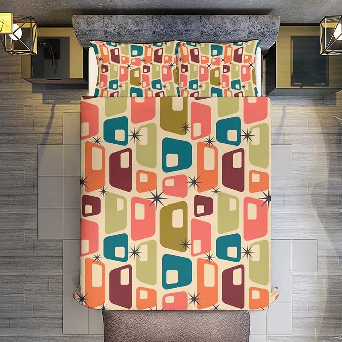 Modern Mid Century Duvet Cover Queen Retro Atomic Bedding Set, Rainbow Grid Comforter Cover Vintage Fifties 1950s Bed Set，Abstract Art Bedding 3 Piece (1 Duvet Cover 90"x90" + 2 Pillow Sham 20"x30")