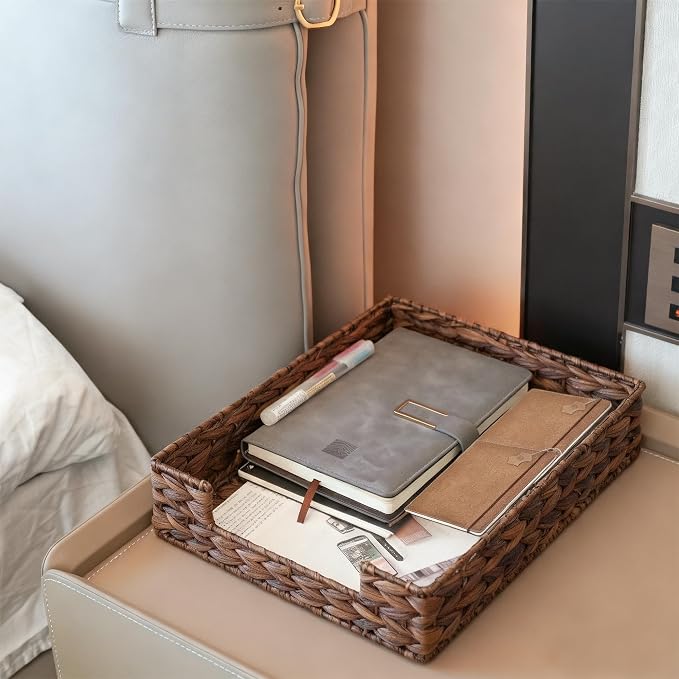 PINXIURY Water Hyacinth Letter Tray for A4 File Desk Mail Letter-Size Paper, Basket Woven Organizer, Magazine Files Storage, Office Document Organizer and Storage, Coffee